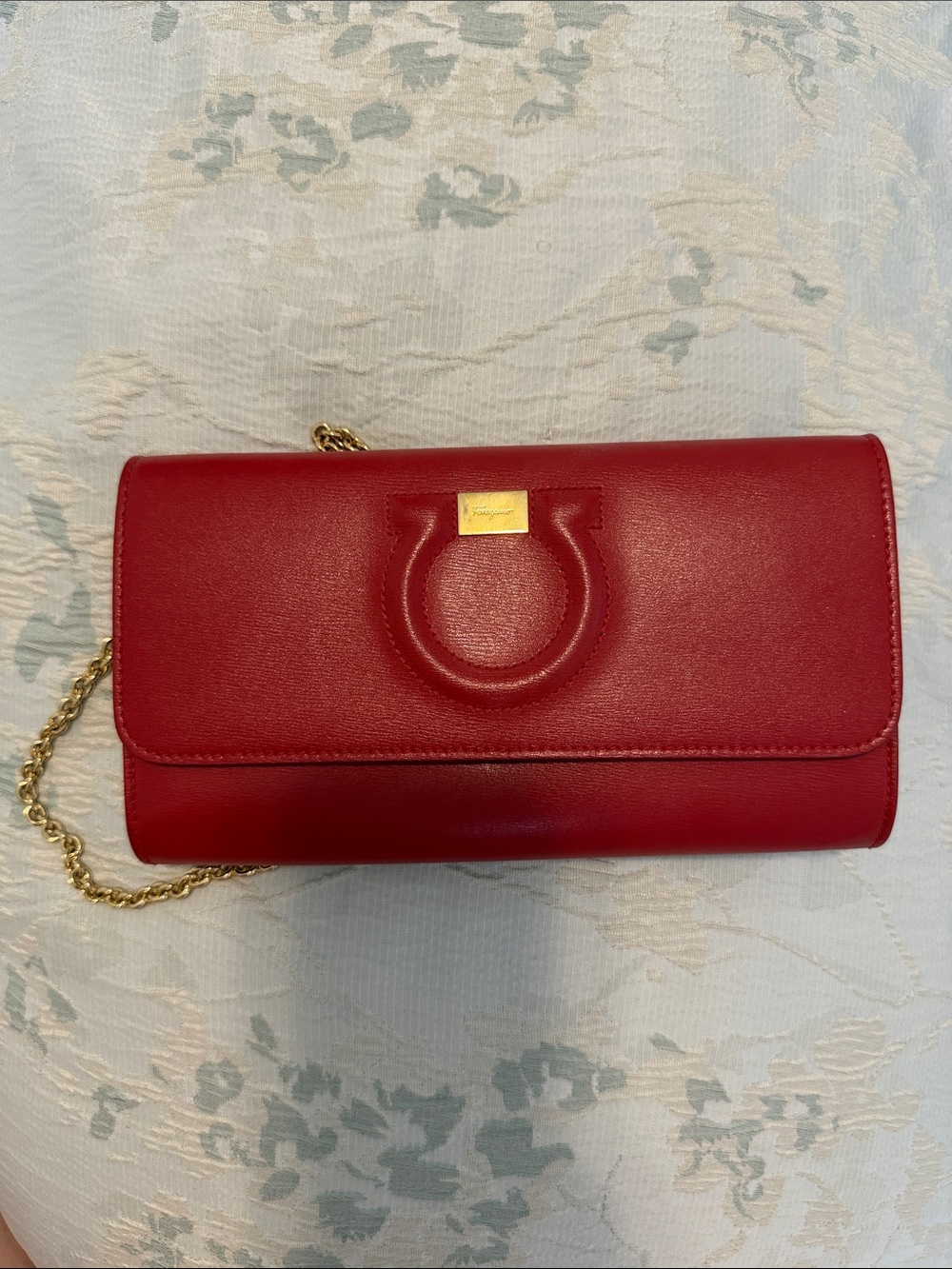 Salvatore Ferragamo Red Leather Gancini Chain Clutch